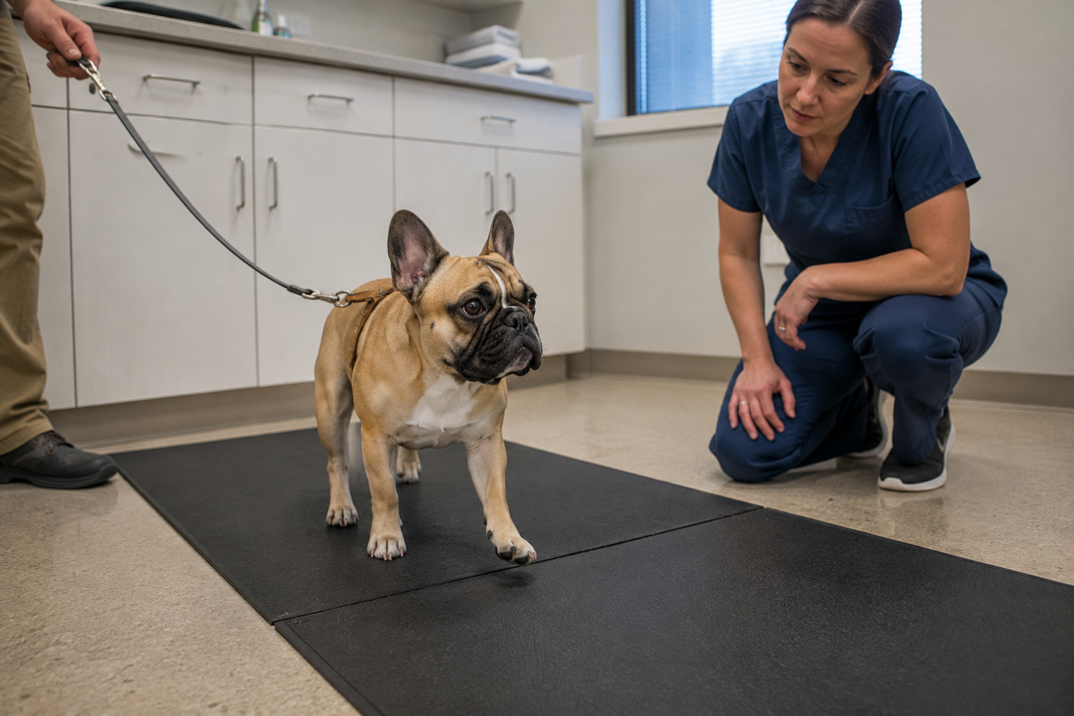 Veterinář šetrně neurologicky vyšetřuje francouzského buldočka